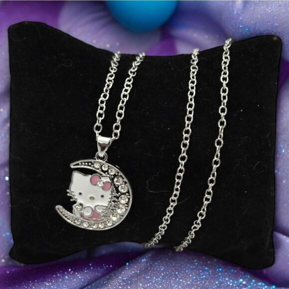 Hello Kitty Moon Rhinestone 24" Necklace Pink Bow Cat Charm Pendant Silver Chain - Picture 3 of 7